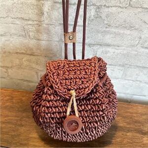 Straw Brown Woven Backpack Women's Purse Drawstring Small Travel Bag Cute Weave